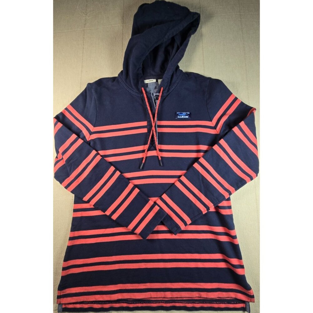 L.L. Bean Rugby Hoodie Womens Small Navy Blue Coral Striped Pullover